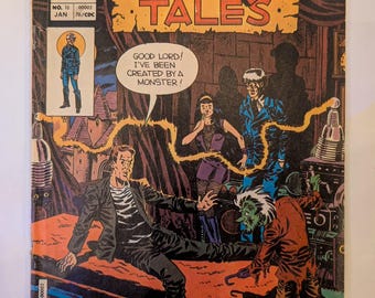 Peut inclure: Une couverture de bande dessinée vintage pour "Midnight Tales" avec une scène dramatique avec un monstre et un homme. La couverture porte le texte "All New" et "Good Lord! I've been created by a monster!". La bande dessinée est de Charlton Comics.
