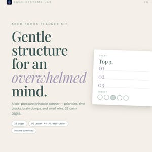 ADHD Focus Planner Kit • Gentle Structure, Time Block, Brain Dump (Digital Download)