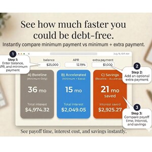 May include: A financial comparison graphic showing how to become debt-free faster. It displays balance, APR, and extra payment options, comparing payoff time, interest, and savings. The text reads "See how much faster you could be debt-free."
