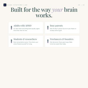 Pode incluir: Gr&aacute;fico promocional com o texto "Built for the way your brain works". O gr&aacute;fico &eacute; dividido em quatro se&ccedil;&otilde;es: "Adultos com TDAH", "Pais ocupados", "Estudantes e pesquisadores" e "Freelancers e fundadores".