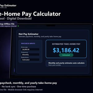 May include: A digital Net Pay Estimator tool displayed on a screen. The interface features input fields for gross pay, frequency, and deductions, alongside a large display showing an estimated take-home pay of $3,186.42. Text includes Take-Home Pay Calculator.