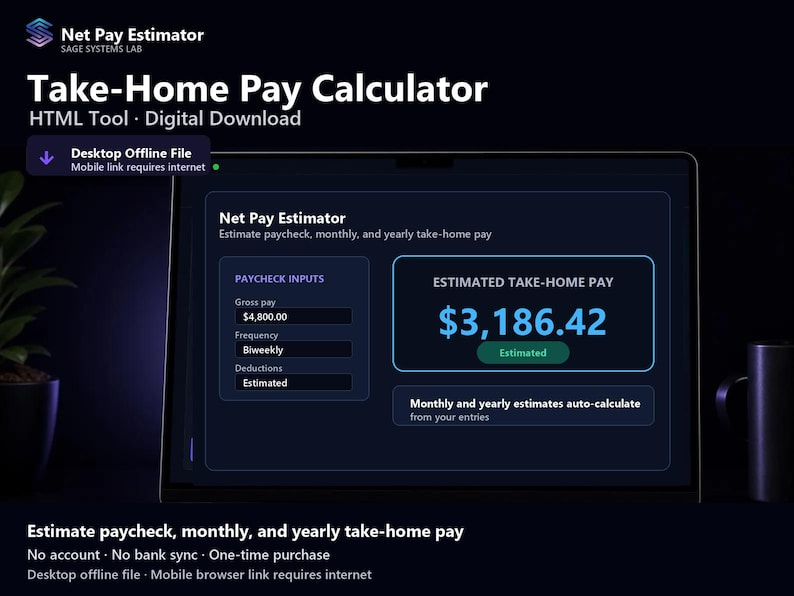 May include: A digital Net Pay Estimator tool displayed on a screen. The interface features input fields for gross pay, frequency, and deductions, alongside a large display showing an estimated take-home pay of $3,186.42. Text includes Take-Home Pay Calculator.