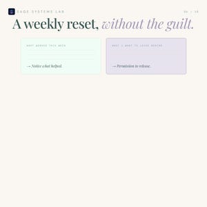 Pode incluir: Uma p&aacute;gina de planejador digital com o texto "A weekly reset, without the guilt." Duas caixas retangulares s&atilde;o rotuladas como "What worked this week" e "What I want to leave behind." A primeira caixa inclui o texto "Notice what helped." A segunda caixa inclui o texto "Permission to release."