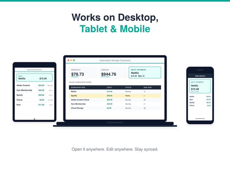 Puede incluir: Un panel de control de gesti&oacute;n de suscripciones en una computadora port&aacute;til, tableta y tel&eacute;fono inteligente. La interfaz muestra listas de suscripciones, costos y ciclos de pago con el texto Works on Desktop, Tablet & Mobile y Open it anywhere. Edit anywhere. Stay synced.