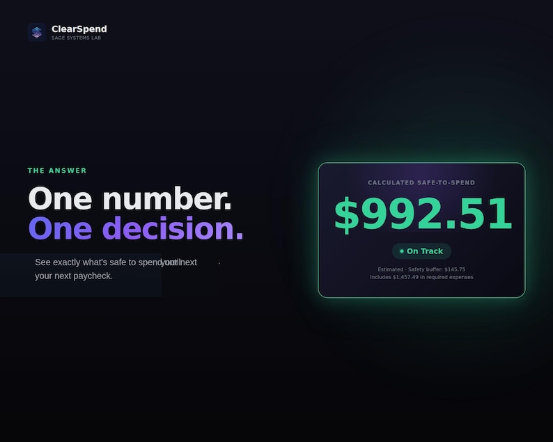 May include: A dark interface for ClearSpend by Sage Systems Lab displaying the text One number. One decision. A rectangular box shows a calculated safe-to-spend amount of $992.51 in green text, with an On Track status and safety buffer of $145.75.