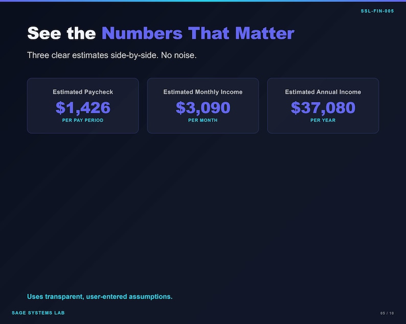 May include: A dark blue digital infographic titled See the Numbers That Matter. It displays three boxes showing Estimated Paycheck of $1,426, Estimated Monthly Income of $3,090, and Estimated Annual Income of $37,080 with text below each value.