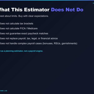 May include: A dark blue informational slide titled What This Estimator Does Not Do. It lists limitations including not calculating tax brackets, FICA, Medicare, or payroll, and states it is built as a planning estimator, not a payroll engine.