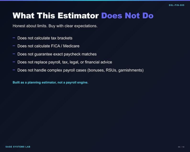 May include: A dark blue informational slide titled What This Estimator Does Not Do. It lists limitations including not calculating tax brackets, FICA, Medicare, or payroll, and states it is built as a planning estimator, not a payroll engine.