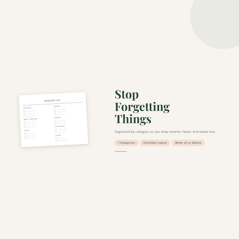 Puede incluir: Una lista de compras blanca con casillas de verificaci&oacute;n, junto al texto que dice "Stop Forgetting Things". El texto est&aacute; en una fuente verde oscuro. La lista de compras est&aacute; organizada por categor&iacute;as. La imagen tambi&eacute;n incluye el texto "7 Categories, Checkbox Layout, Week-at-a-Glance."