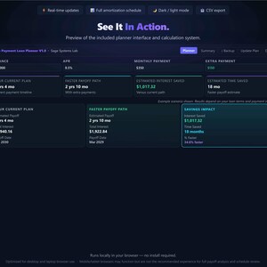 May include: A digital interface for an Extra Payment Loan Planner V1.0 by Sage Systems Lab. The dark-themed dashboard displays financial data including balance, APR, monthly payment, extra payment, and savings impact with estimated interest and time saved.