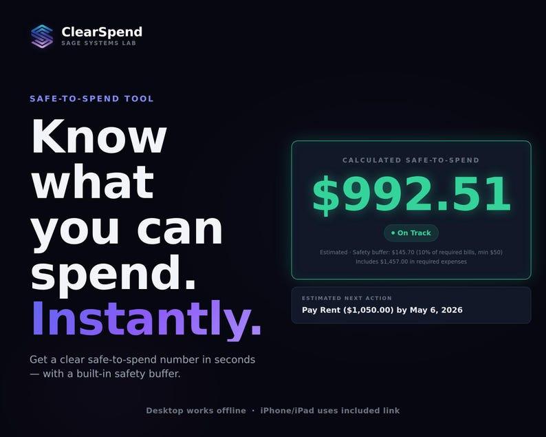 May include: A dark background with the ClearSpend logo and text. The text reads "Know what you can spend. Instantly." A green box displays "$992.51" and "On Track." Another box shows "Pay Rent ($1,050.00) by May 6, 2026."