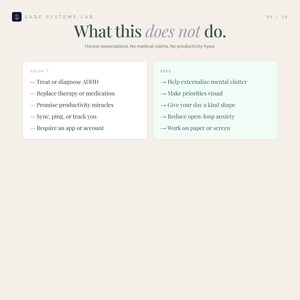 Pode incluir: Uma p&aacute;gina web com o texto "What this does not do." e uma lista do que o produto n&atilde;o faz, como tratar o TDAH. A p&aacute;gina tamb&eacute;m lista o que o produto faz, incluindo ajudar a externalizar a desordem mental.