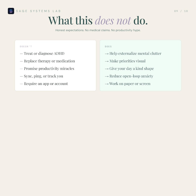 Pode incluir: Uma p&aacute;gina web com o texto "What this does not do." e uma lista do que o produto n&atilde;o faz, como tratar o TDAH. A p&aacute;gina tamb&eacute;m lista o que o produto faz, incluindo ajudar a externalizar a desordem mental.