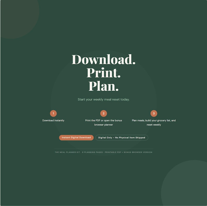 Puede incluir: Gr&aacute;fico verde oscuro con texto blanco "Download. Print. Plan." e instrucciones para un reinicio semanal de comidas. Incluye c&iacute;rculos naranjas con n&uacute;meros y texto: "Descarga instant&aacute;neamente", "Imprime el PDF o abre el planificador de bonificaci&oacute;n del navegador" y "Planifica comidas, crea tu lista de compras y reinicia semanalmente."