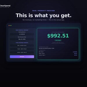 May include: A digital interface for the ClearSpend app by Sage Systems Lab, displaying a financial dashboard with a starting balance of $2,450.00, fixed expenses, and a calculated safe-to-spend amount of $992.51 with an On Track status indicator.