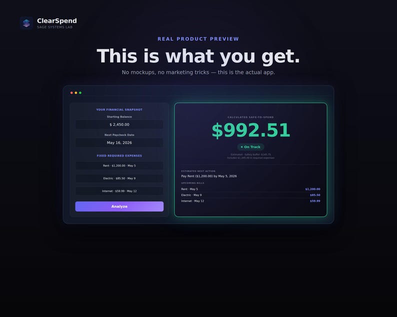 May include: A digital interface for the ClearSpend app by Sage Systems Lab, displaying a financial dashboard with a starting balance of $2,450.00, fixed expenses, and a calculated safe-to-spend amount of $992.51 with an On Track status indicator.