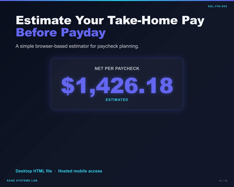 May include: A digital graphic with the text "Estimate Your Take-Home Pay Before Payday." A blue box displays "$1,426.18" as the estimated net per paycheck. The image promotes a browser-based estimator for paycheck planning.