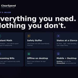 May include: A dark interface graphic for ClearSpend by Sage Systems Lab with the text Everything you need. Nothing you don't. It features six cards detailing features: Instant Math, Safety Buffer, Status at a Glance, Upcoming Bills, Offline on desktop, and Mobile + Desktop.