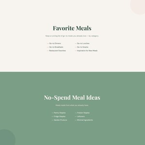 Puede incluir: Gr&aacute;fico digital con los textos "Favorite Meals" y "No-Spend Meal Ideas". La imagen se divide en secciones con listas de categor&iacute;as e ideas de comidas, utilizando una paleta de colores neutros de blanco y verde.