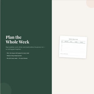 Puede incluir: Una plantilla de plan de comidas semanal con el texto "Weekly Meal Plan" y una secci&oacute;n para planificar las comidas de cada d&iacute;a de la semana. El lado izquierdo presenta el texto "Plan the Whole Week" con detalles sobre la planificaci&oacute;n de comidas.