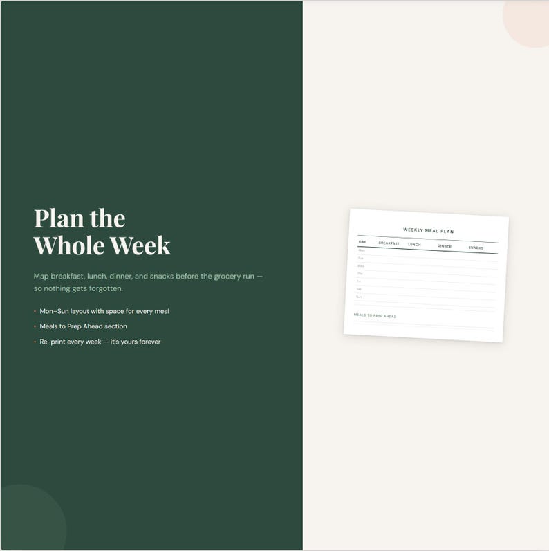 Puede incluir: Una plantilla de plan de comidas semanal con el texto "Weekly Meal Plan" y una secci&oacute;n para planificar las comidas de cada d&iacute;a de la semana. El lado izquierdo presenta el texto "Plan the Whole Week" con detalles sobre la planificaci&oacute;n de comidas.