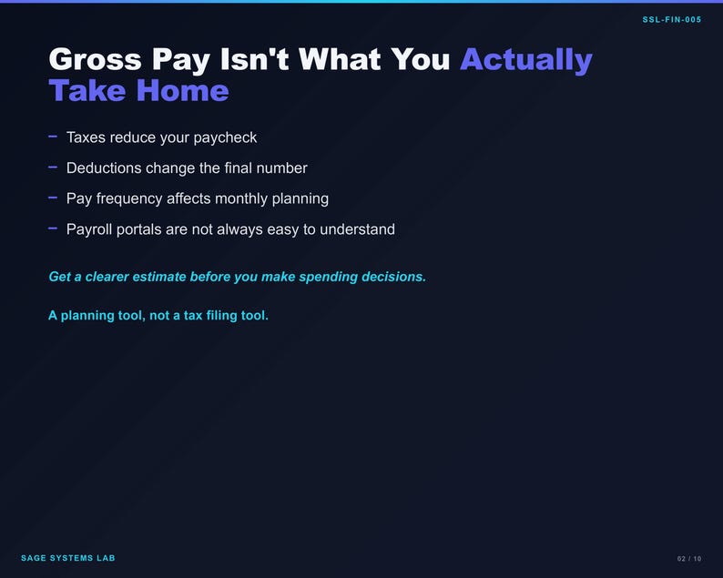 May include: A dark blue informational slide titled Gross Pay Isn't What You Actually Take Home. It lists points about taxes, deductions, pay frequency, and payroll portals, concluding with the text A planning tool, not a tax filing tool.