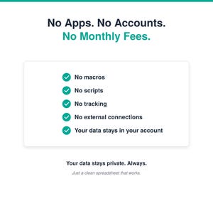 Puede incluir: Un gr&aacute;fico blanco con el texto No Apps. No Accounts. No Monthly Fees. Una lista debajo incluye marcas de verificaci&oacute;n junto a las frases No macros, No scripts, No tracking, No external connections y Your data stays in your account.