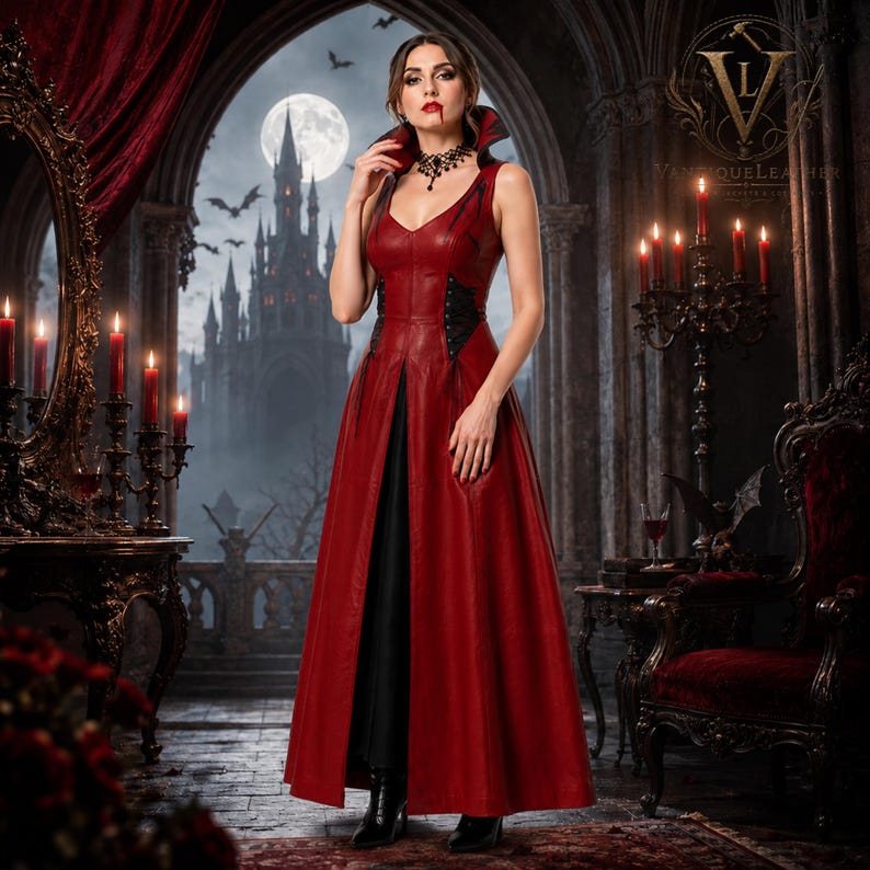 May include: A sleeveless floor-length dress in deep red with a high collar and black lace-up side panels. The garment features a V-neckline and a front slit revealing a black underskirt, crafted with a smooth texture and structured bodice.