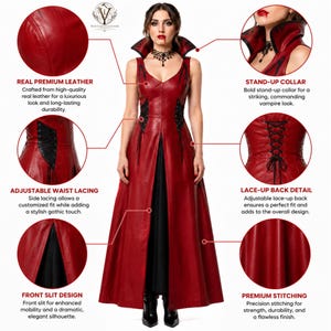 May include: A floor-length red leather dress featuring a stand-up collar, side waist lacing, a lace-up back detail, and a front slit design. The garment includes premium stitching and is presented with detailed callouts highlighting its features.