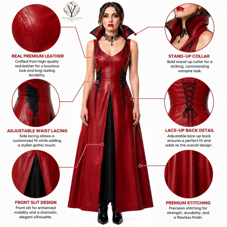 May include: A floor-length red leather dress featuring a stand-up collar, side waist lacing, a lace-up back detail, and a front slit design. The garment includes premium stitching and is presented with detailed callouts highlighting its features.