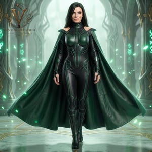 May include: A black and dark green leather bodysuit featuring a high collar, long sleeves, and intricate paneling. The garment is paired with a matching floor-length green cape that drapes from the shoulders. The VANTIQUE LEATHER logo is visible.