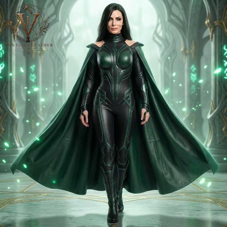 May include: A black and dark green leather bodysuit featuring a high collar, long sleeves, and intricate paneling. The garment is paired with a matching floor-length green cape that drapes from the shoulders. The VANTIQUE LEATHER logo is visible.