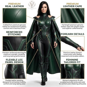 May include: A dark green and black leather bodysuit featuring a high collar, long sleeves, and a full-length cape. The garment includes reinforced stitching, flexible leg panels, and forearm details. Text labels highlight premium leather and tailored fit.