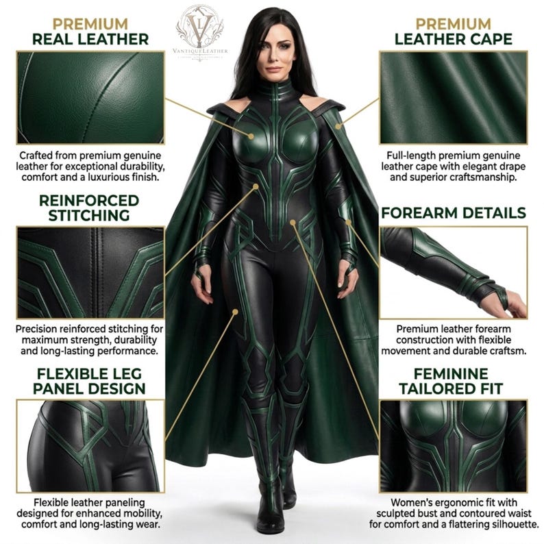 May include: A dark green and black leather bodysuit featuring a high collar, long sleeves, and a full-length cape. The garment includes reinforced stitching, flexible leg panels, and forearm details. Text labels highlight premium leather and tailored fit.