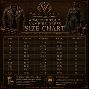 May include: A dark brown leather jacket and a black gothic vampire dress are displayed above a size chart titled VANTIQUELEATHER WOMEN'S GOTHIC VAMPIRE DRESS SIZE CHART. The chart lists sizes from XXS to 5XL with bust, waist, hip, and length in inches.