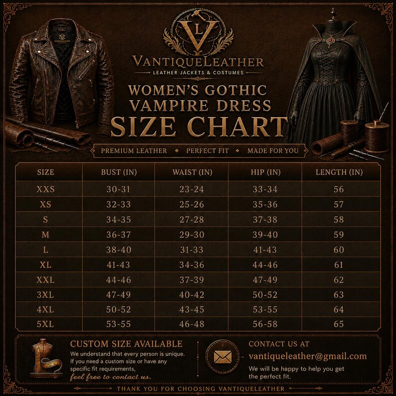 May include: A dark brown leather jacket and a black gothic vampire dress are displayed above a size chart titled VANTIQUELEATHER WOMEN'S GOTHIC VAMPIRE DRESS SIZE CHART. The chart lists sizes from XXS to 5XL with bust, waist, hip, and length in inches.