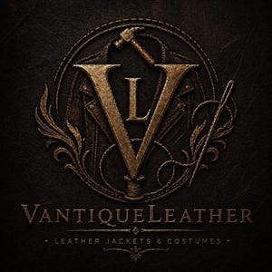 May include: A dark bronze logo featuring a large letter V with an L inside, a hammer, a needle, and a leather jacket silhouette. The text reads VANTIQUELEATHER and LEATHER JACKETS & COSTUMES in a metallic font against a dark, textured background.