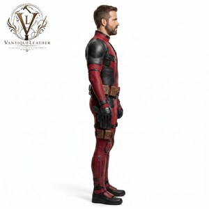 May include: A full-body red and black leather costume featuring a high collar, shoulder armor, and a utility belt with multiple brown pouches. The suit includes black gloves, black boots, and leg holsters, worn by a person with a short beard.
