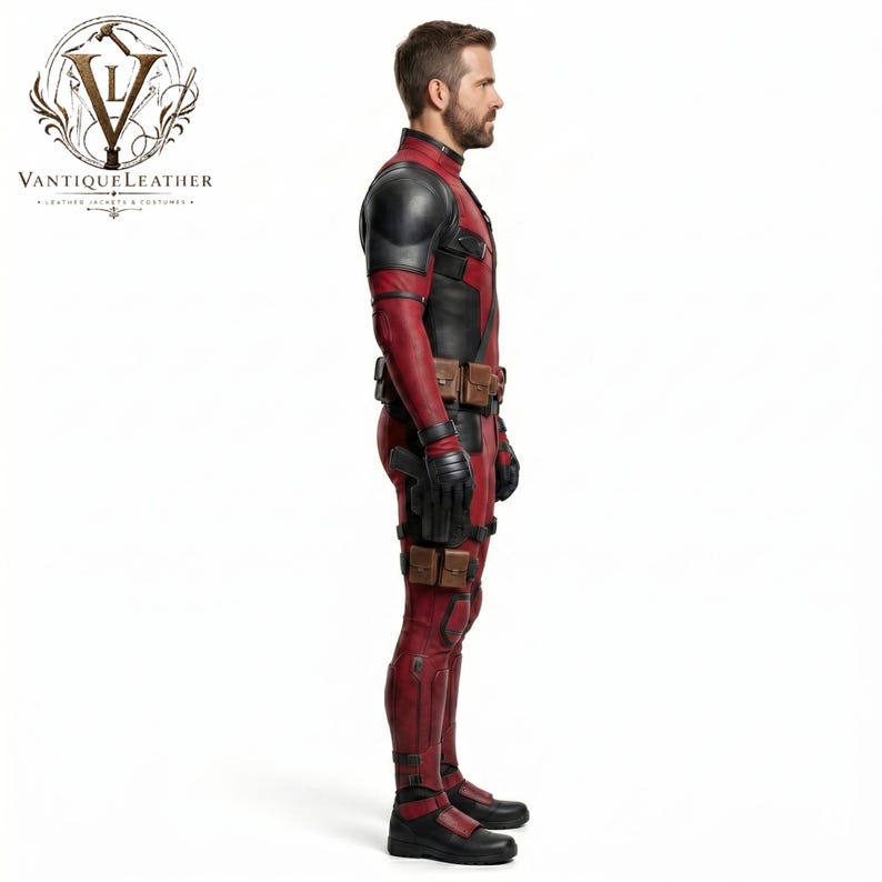 May include: A full-body red and black leather costume featuring a high collar, shoulder armor, and a utility belt with multiple brown pouches. The suit includes black gloves, black boots, and leg holsters, worn by a person with a short beard.