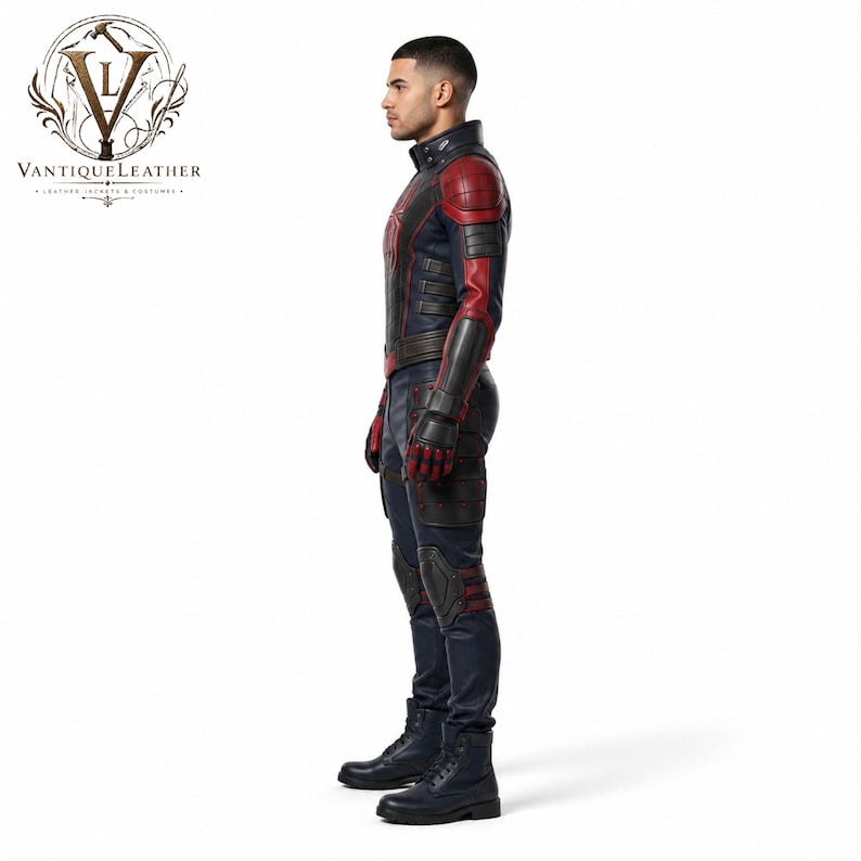 May include: A full-body leather costume featuring a dark blue and red color scheme with a high collar, structured shoulder panels, and integrated armor-like detailing on the arms and legs. The suit includes matching gloves and dark boots.