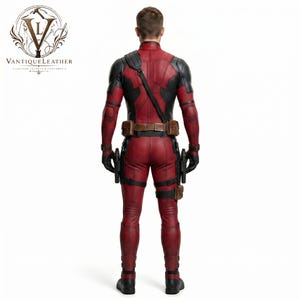 May include: A full-body red and black tactical suit featuring a textured finish, a brown utility belt with pouches, a shoulder strap, and black gloves. The suit includes holsters on the thighs and is branded with the VantiqueLeather logo.