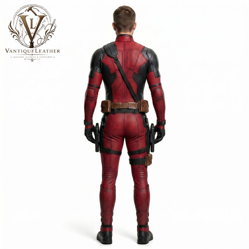 May include: A full-body red and black tactical suit featuring a textured finish, a brown utility belt with pouches, a shoulder strap, and black gloves. The suit includes holsters on the thighs and is branded with the VantiqueLeather logo.