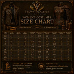 May include: A dark brown VantiqueLeather size chart for costumes featuring a leather jacket and a caped outfit on mannequins. The chart lists measurements in inches for sizes XXS to 5XL, including chest, waist, hips, shoulder, sleeve, and length.