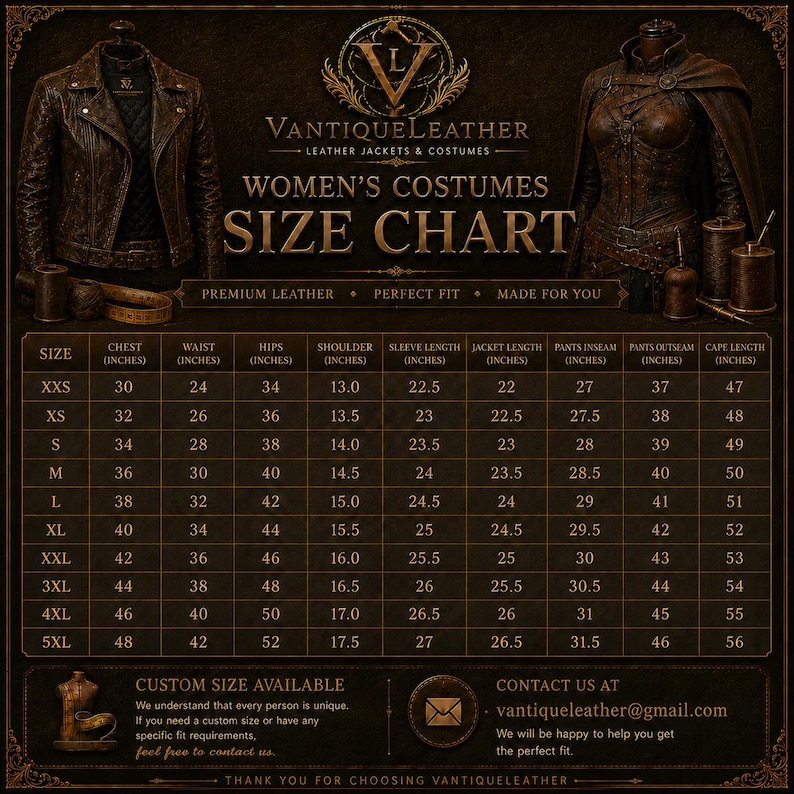May include: A dark brown VantiqueLeather size chart for costumes featuring a leather jacket and a caped outfit on mannequins. The chart lists measurements in inches for sizes XXS to 5XL, including chest, waist, hips, shoulder, sleeve, and length.