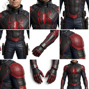 May include: A tactical superhero costume featuring a black and navy blue suit with a prominent red spider emblem on the chest. The ensemble includes textured shoulder pads, a utility belt with holsters, and matching gloves with reinforced red detailing.