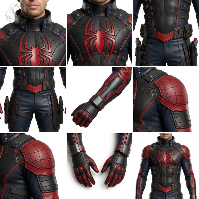 May include: A tactical superhero costume featuring a black and navy blue suit with a prominent red spider emblem on the chest. The ensemble includes textured shoulder pads, a utility belt with holsters, and matching gloves with reinforced red detailing.