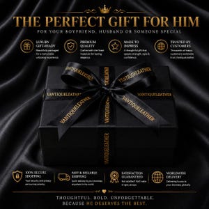 May include: A rectangular black gift box tied with a black satin ribbon featuring the gold text VANTIQUELEATHER. The box is surrounded by text including THE PERFECT GIFT FOR HIM, LUXURY GIFT-READY, PREMIUM QUALITY, MADE TO IMPRESS, and TRUSTED BY CUSTOMERS.