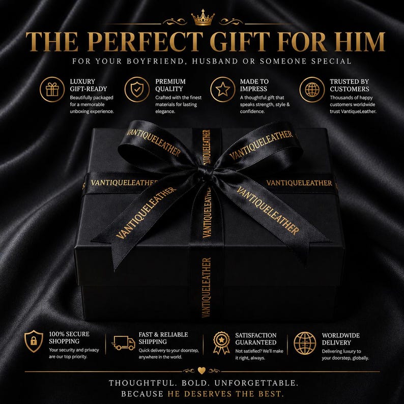 May include: A rectangular black gift box tied with a black satin ribbon featuring the gold text VANTIQUELEATHER. The box is surrounded by text including THE PERFECT GIFT FOR HIM, LUXURY GIFT-READY, PREMIUM QUALITY, MADE TO IMPRESS, and TRUSTED BY CUSTOMERS.