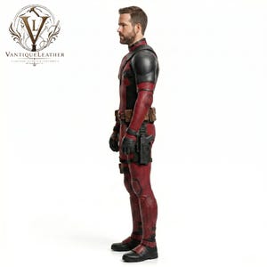 May include: A full-body red and black tactical costume featuring a textured leather-like finish, black shoulder armor, a brown utility belt with pouches, and a black holster on the thigh. The logo VANTIQUE LEATHER is visible in the top left corner.