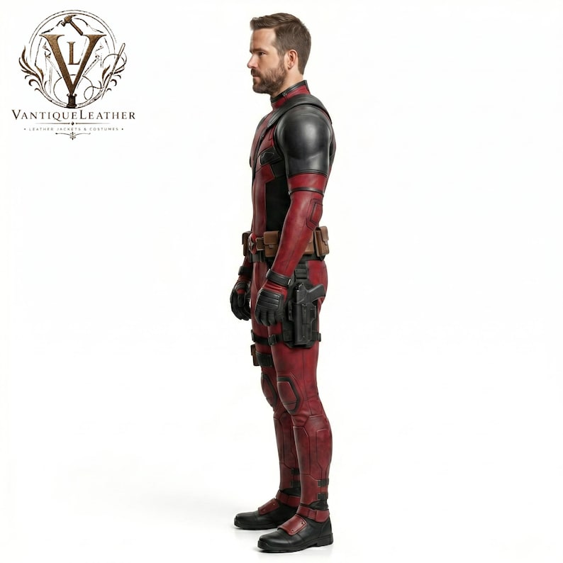 May include: A full-body red and black tactical costume featuring a textured leather-like finish, black shoulder armor, a brown utility belt with pouches, and a black holster on the thigh. The logo VANTIQUE LEATHER is visible in the top left corner.
